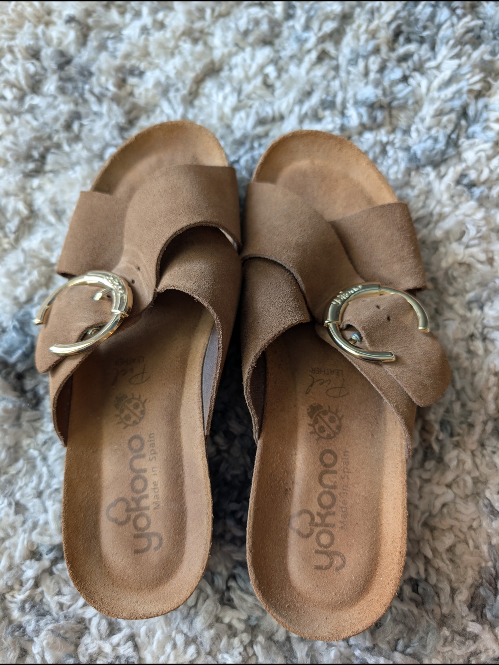 Brown Suede Slide Sandals with Gold Buckle - Picture 5 of 17